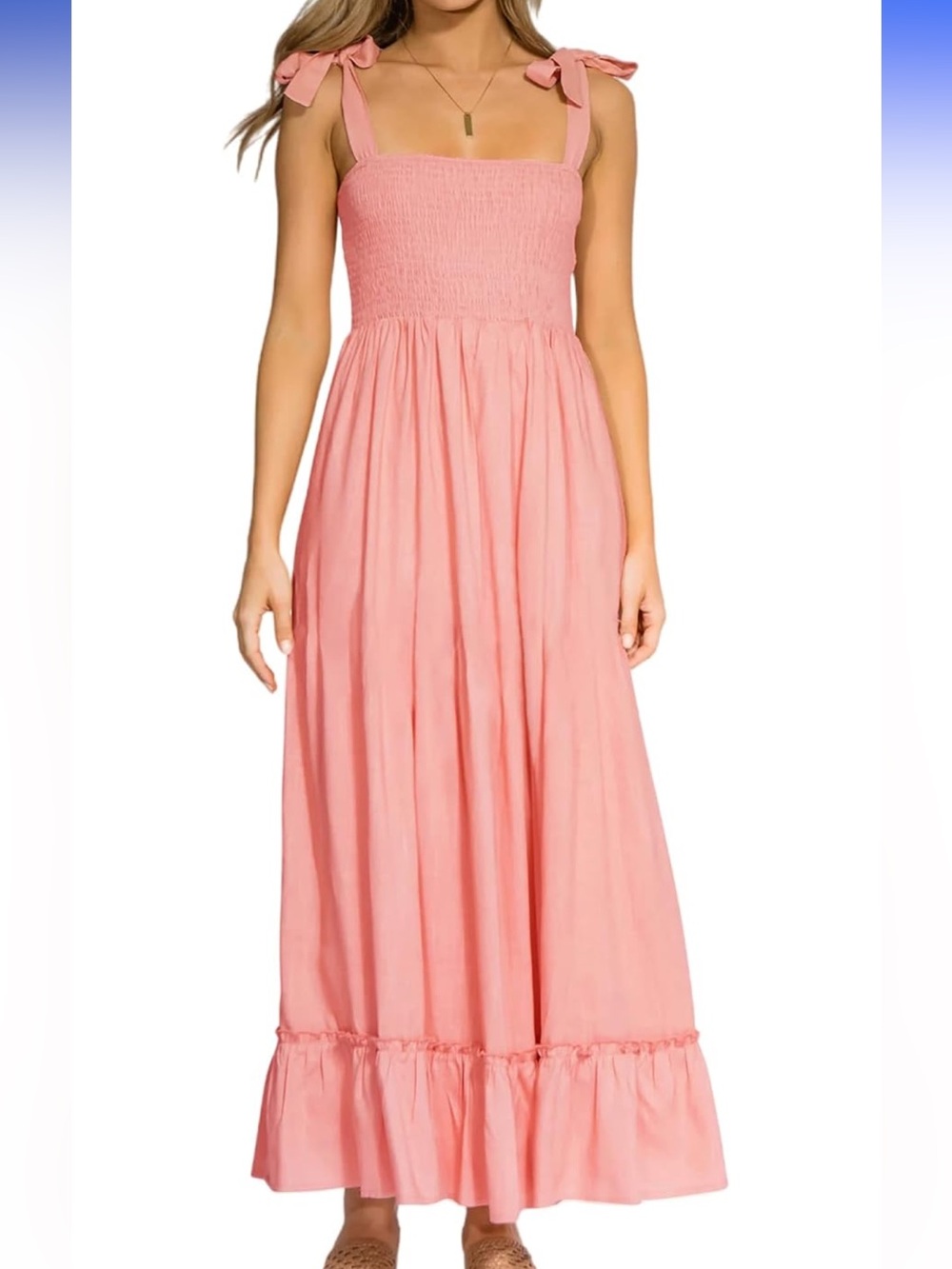 Tie-Shoulder Smocked Maxi Dress in Pink